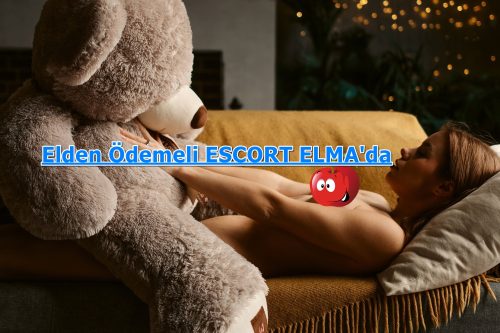 gaziantep-escort-rezidans | Gaziantep Escort Bayan Topless woman lying on a sofa with a large teddy bear; bold blue banner text reads'Elden Ödemeli ESCORT ELMA'da' with a cartoon red apple sticker.